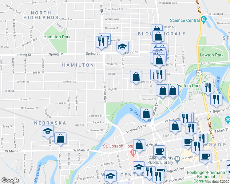 map of restaurants, bars, coffee shops, grocery stores, and more near 733 High Street in Fort Wayne
