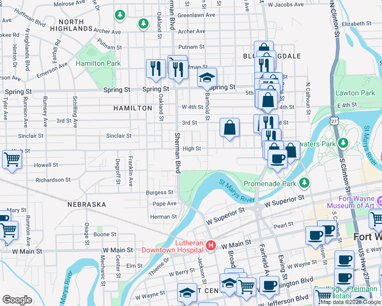 map of restaurants, bars, coffee shops, grocery stores, and more near 733 High Street in Fort Wayne