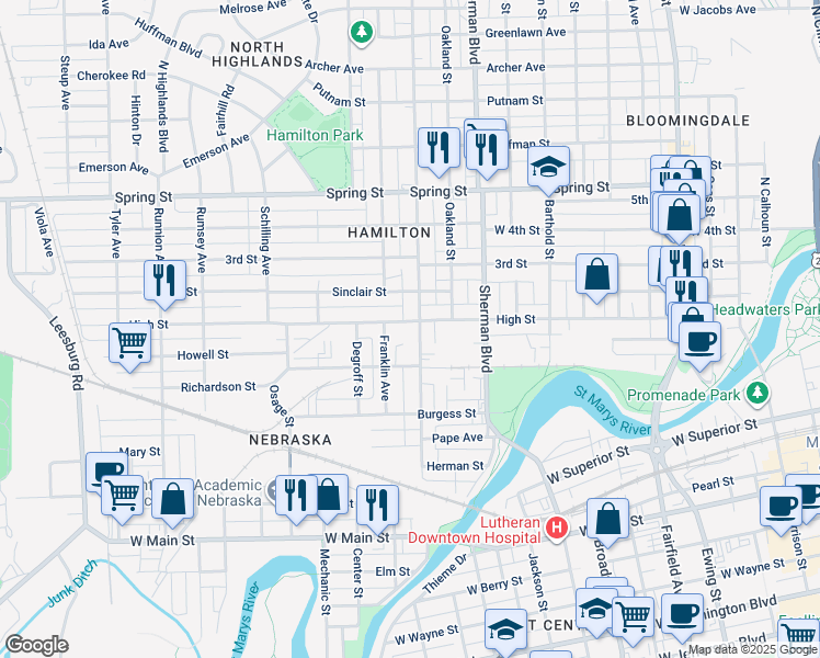 map of restaurants, bars, coffee shops, grocery stores, and more near 1110 High Street in Fort Wayne