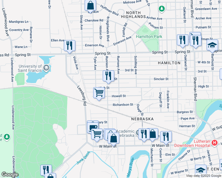 map of restaurants, bars, coffee shops, grocery stores, and more near 1728 High Street in Fort Wayne