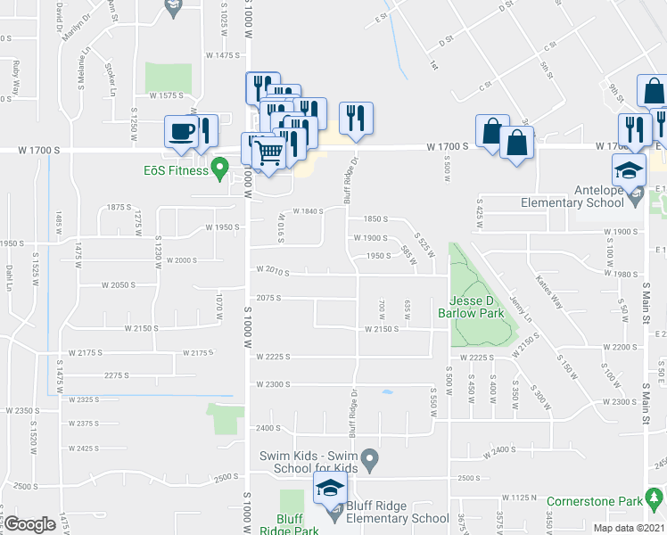 map of restaurants, bars, coffee shops, grocery stores, and more near 1993 800 West in Clearfield