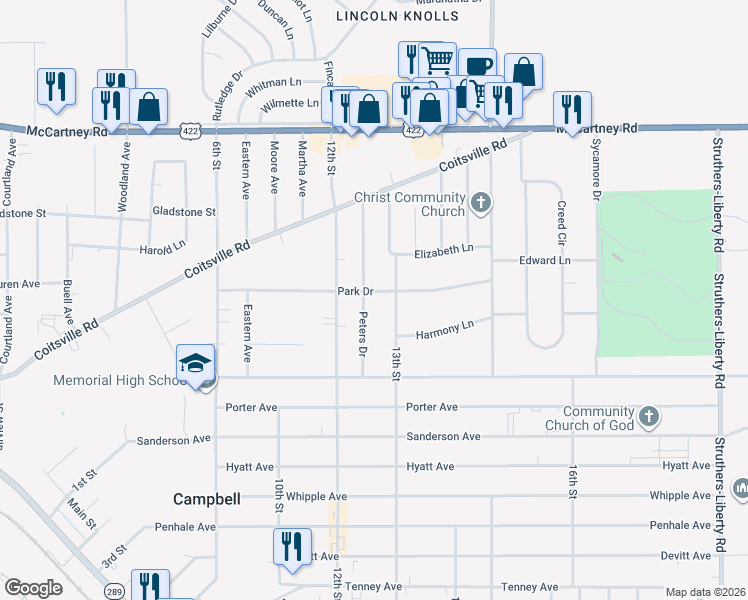 map of restaurants, bars, coffee shops, grocery stores, and more near 331 Park Drive in Campbell