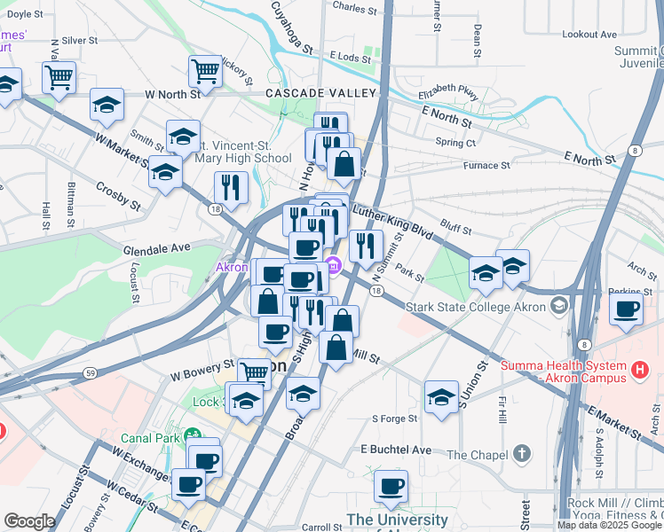 map of restaurants, bars, coffee shops, grocery stores, and more near 69 East Market Street in Akron