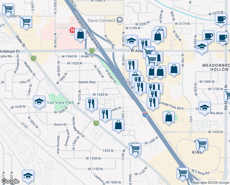map of restaurants, bars, coffee shops, grocery stores, and more near 1303 West 1650 North in Layton