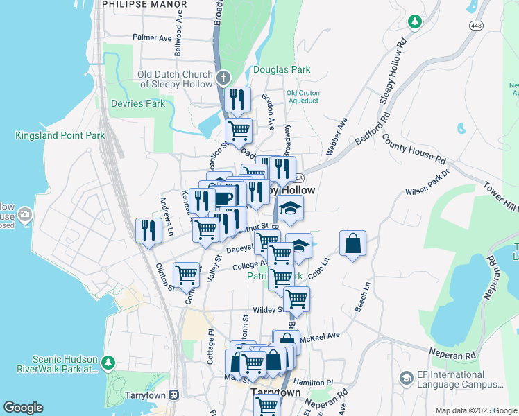 map of restaurants, bars, coffee shops, grocery stores, and more near 34 Beekman Avenue in Sleepy Hollow