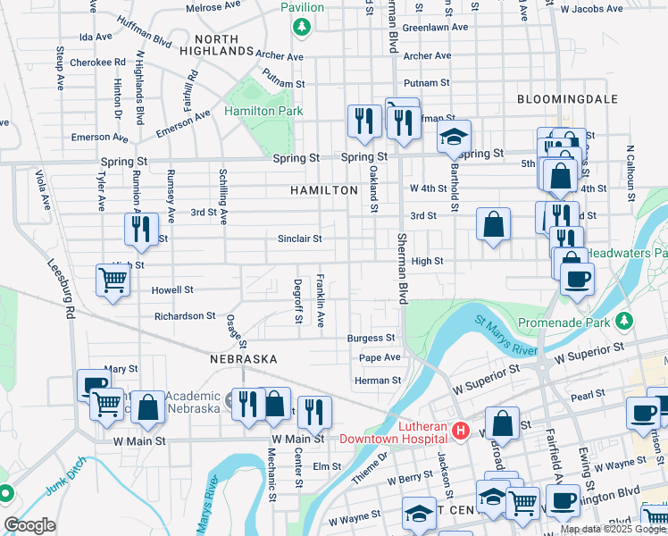 map of restaurants, bars, coffee shops, grocery stores, and more near 1115 High Street in Fort Wayne