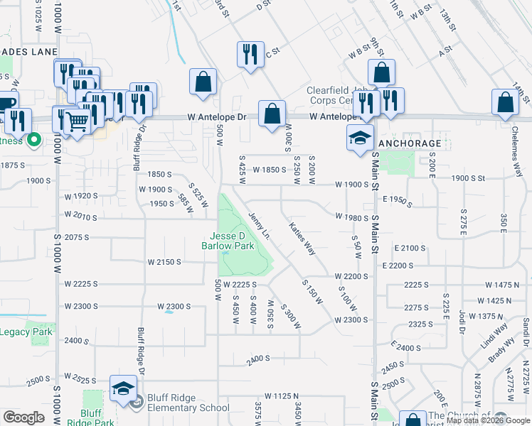 map of restaurants, bars, coffee shops, grocery stores, and more near 2014 South Jenny Lane West in Clearfield