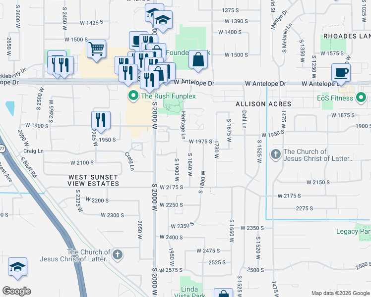 map of restaurants, bars, coffee shops, grocery stores, and more near 2002 South 1840 West in Syracuse