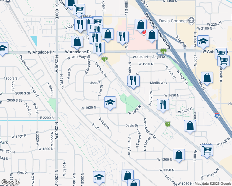 map of restaurants, bars, coffee shops, grocery stores, and more near 1533 West 1740 North in Layton