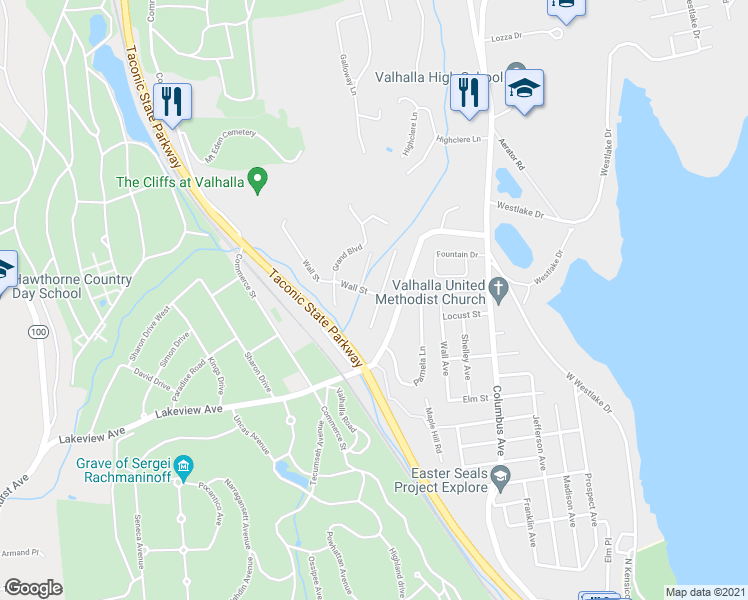 map of restaurants, bars, coffee shops, grocery stores, and more near 51 Leroy Avenue in Valhalla