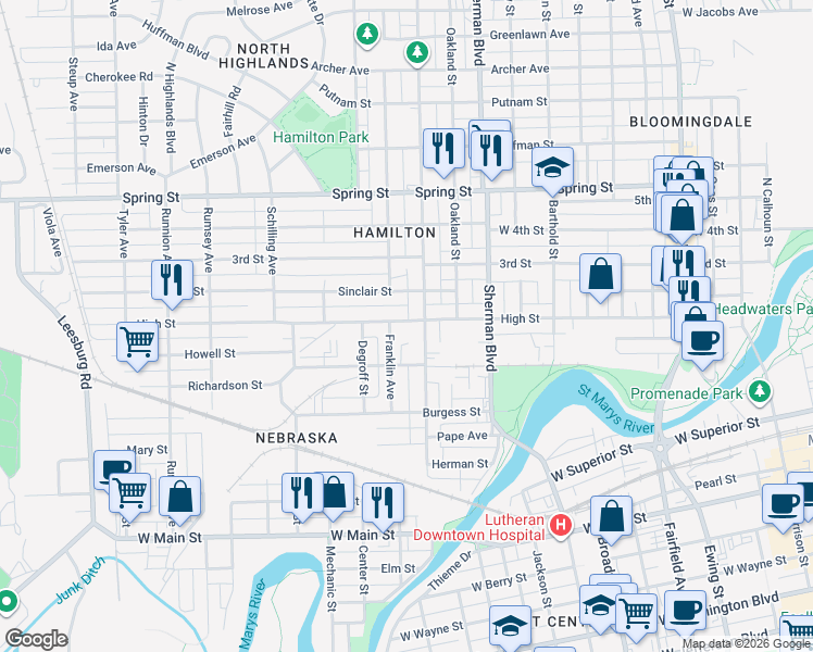 map of restaurants, bars, coffee shops, grocery stores, and more near 1115 High Street in Fort Wayne