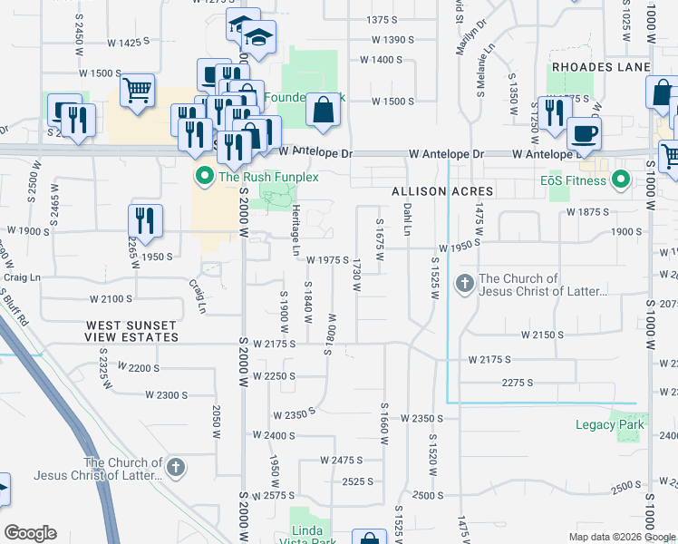 map of restaurants, bars, coffee shops, grocery stores, and more near 2001 South 1800 West in Syracuse