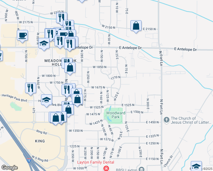 map of restaurants, bars, coffee shops, grocery stores, and more near 136 West 1675 North in Layton