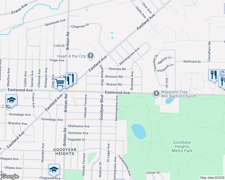 map of restaurants, bars, coffee shops, grocery stores, and more near 1619 Eastwood Avenue in Akron