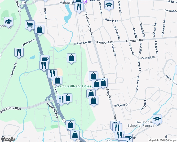 map of restaurants, bars, coffee shops, grocery stores, and more near 350 Franklin Turnpike in Mahwah