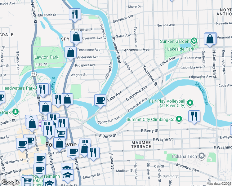 map of restaurants, bars, coffee shops, grocery stores, and more near 903 Lake Avenue in Fort Wayne
