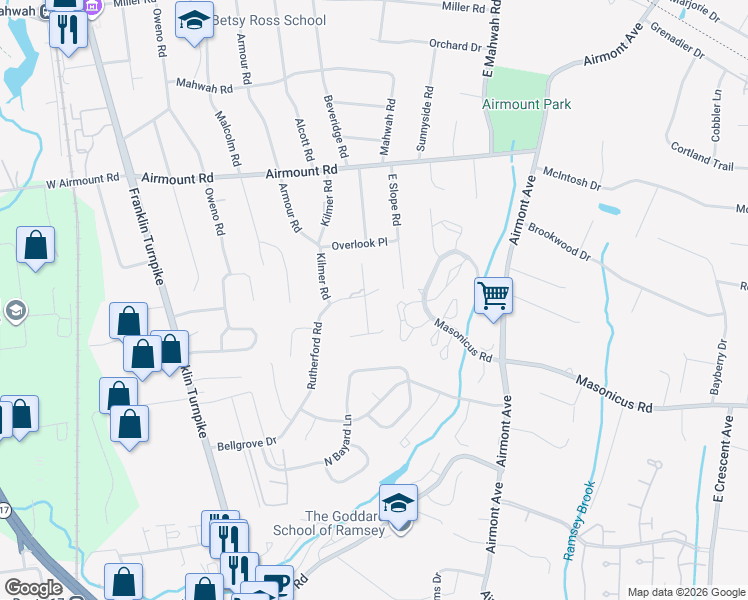 map of restaurants, bars, coffee shops, grocery stores, and more near 166 Rutherford Road in Mahwah