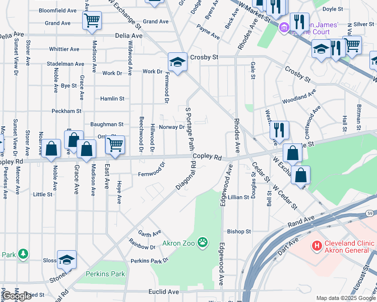 map of restaurants, bars, coffee shops, grocery stores, and more near 550 Copley Road in Akron