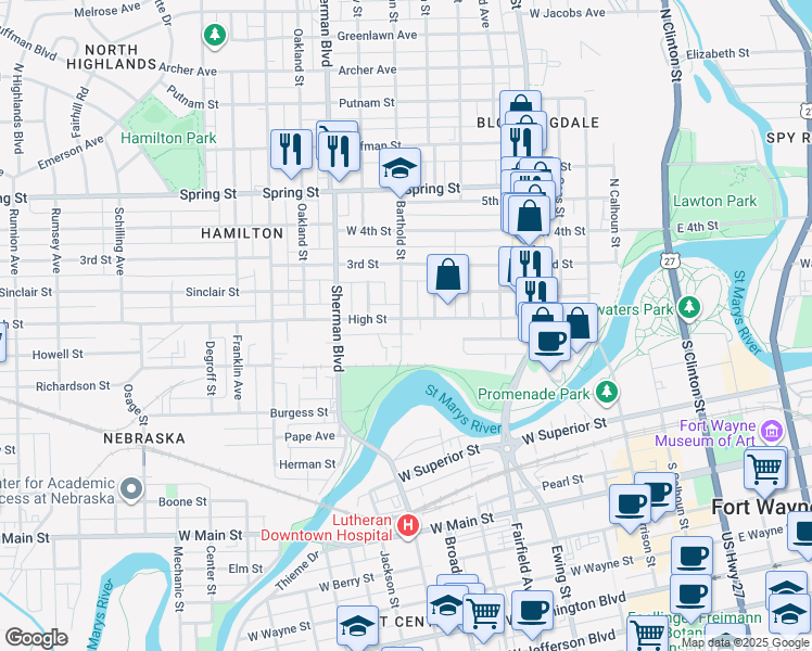 map of restaurants, bars, coffee shops, grocery stores, and more near 669 High Street in Fort Wayne