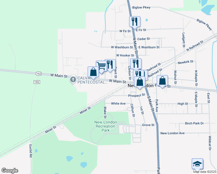 map of restaurants, bars, coffee shops, grocery stores, and more near 135 West Main Street in New London