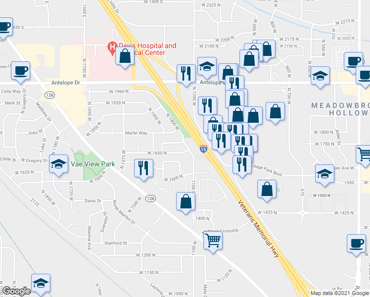 map of restaurants, bars, coffee shops, grocery stores, and more near 1204 West 1650 North in Layton