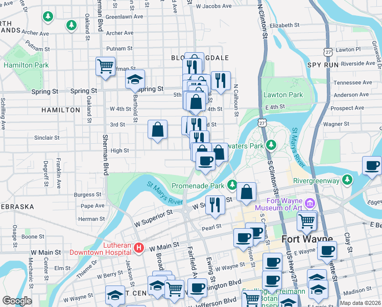 map of restaurants, bars, coffee shops, grocery stores, and more near 409 High Street in Fort Wayne
