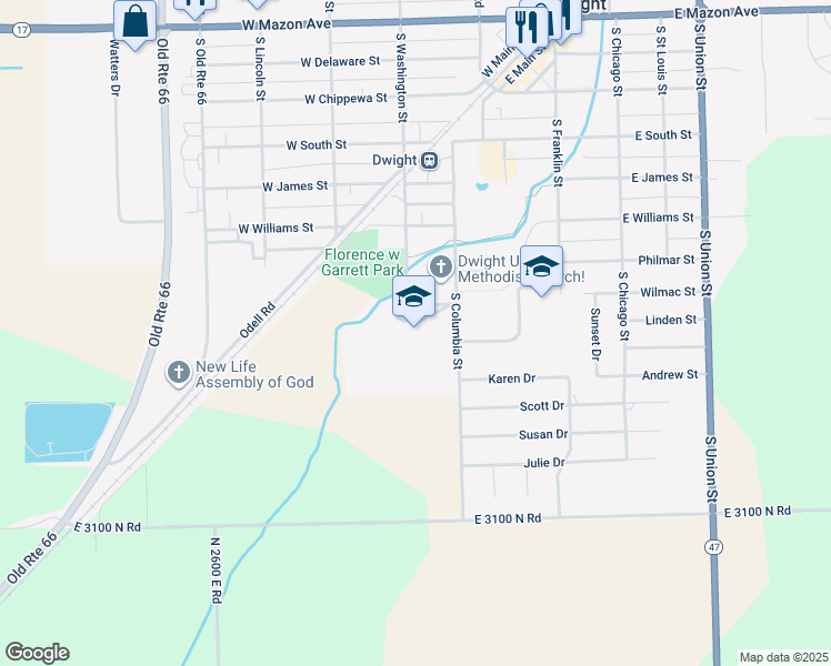 map of restaurants, bars, coffee shops, grocery stores, and more near 801 South Columbia Street in Dwight