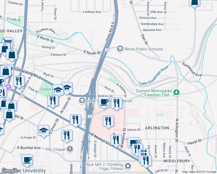map of restaurants, bars, coffee shops, grocery stores, and more near 261 Arch Street in Akron