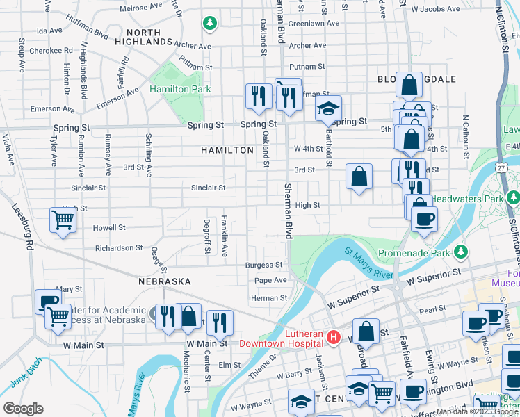 map of restaurants, bars, coffee shops, grocery stores, and more near 1011 High Street in Fort Wayne
