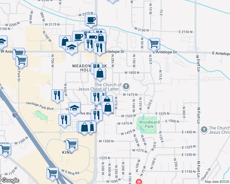 map of restaurants, bars, coffee shops, grocery stores, and more near 1691 North 250 West in Layton