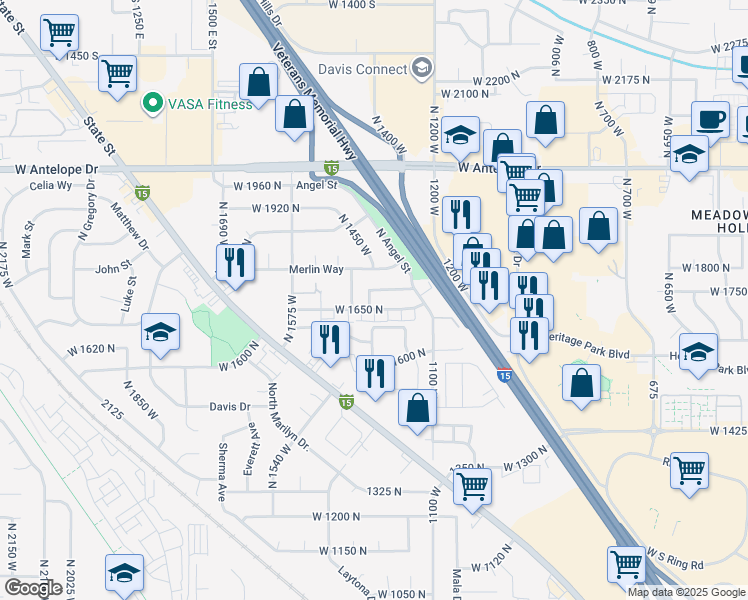 map of restaurants, bars, coffee shops, grocery stores, and more near 1428 West 1650 North in Layton