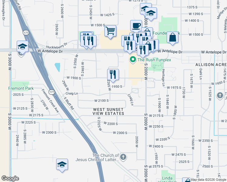 map of restaurants, bars, coffee shops, grocery stores, and more near 2237 West 1950 South in Syracuse