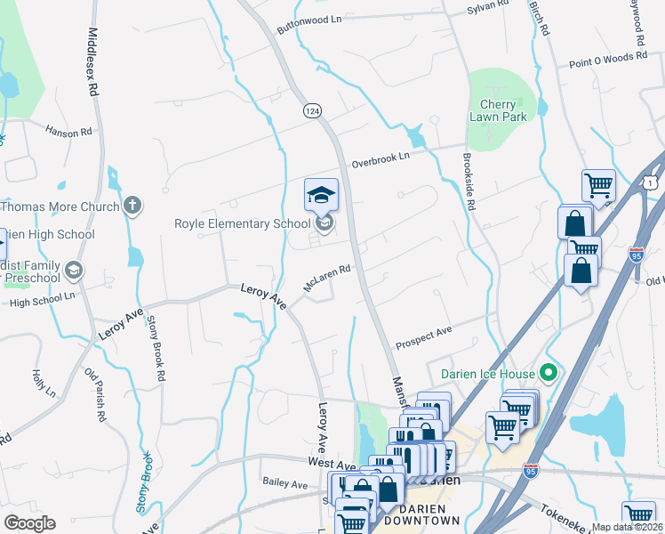 map of restaurants, bars, coffee shops, grocery stores, and more near 15 McLaren Road in Darien