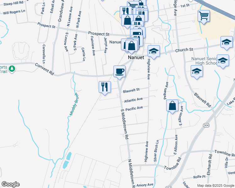 map of restaurants, bars, coffee shops, grocery stores, and more near 4 Rockland Avenue in Nanuet