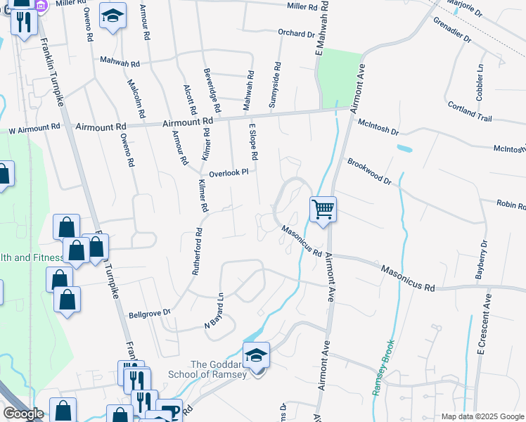 map of restaurants, bars, coffee shops, grocery stores, and more near 1240 Garrison Court in Mahwah