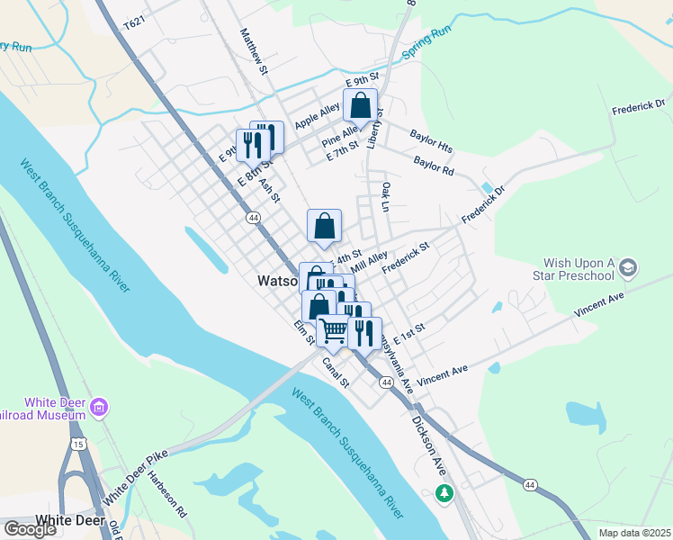 map of restaurants, bars, coffee shops, grocery stores, and more near 352-398 Pennsylvania Avenue in Watsontown