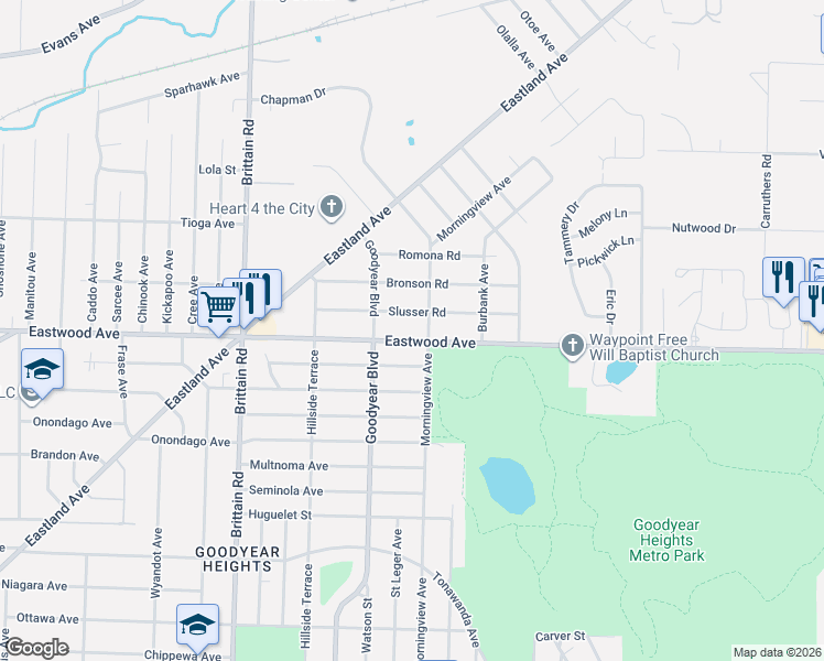 map of restaurants, bars, coffee shops, grocery stores, and more near 1619 Eastwood Avenue in Akron