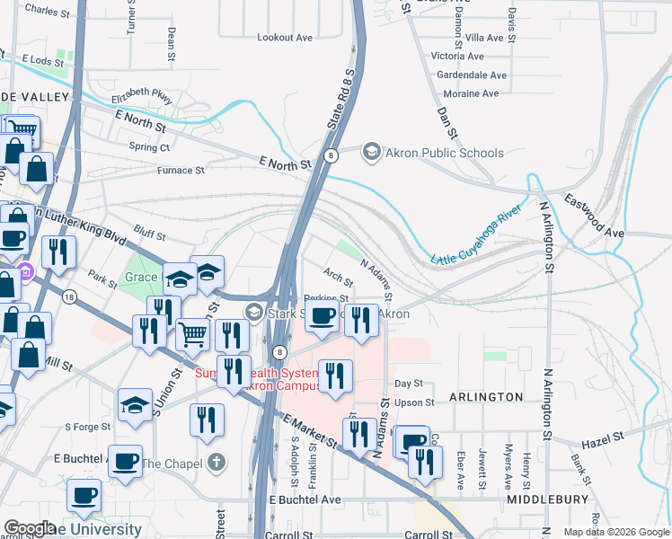 map of restaurants, bars, coffee shops, grocery stores, and more near 261 Arch Street in Akron