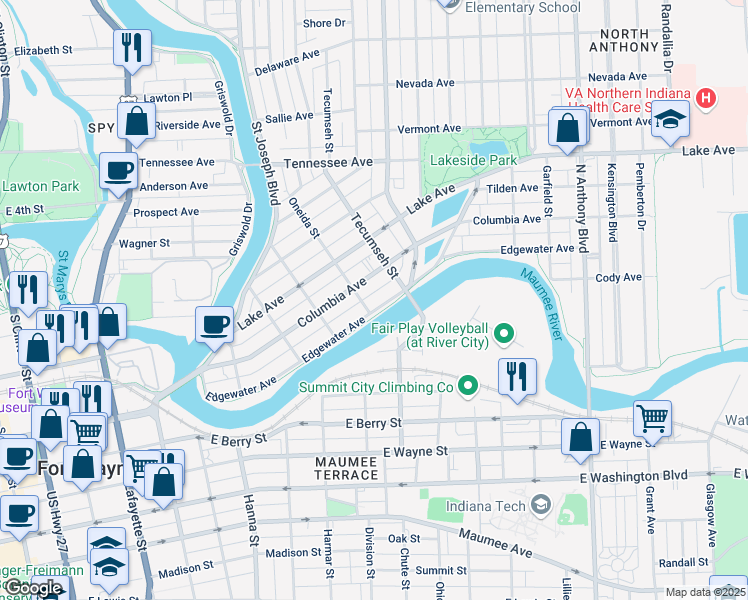 map of restaurants, bars, coffee shops, grocery stores, and more near 1121 Edgewater Avenue in Fort Wayne