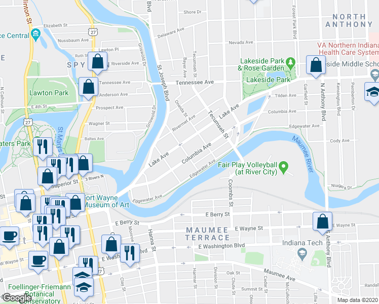 map of restaurants, bars, coffee shops, grocery stores, and more near 1018 Dearborn Street in Fort Wayne