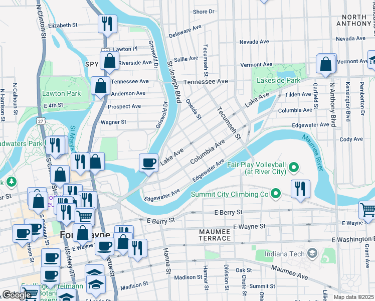 map of restaurants, bars, coffee shops, grocery stores, and more near 932 Lake Avenue in Fort Wayne
