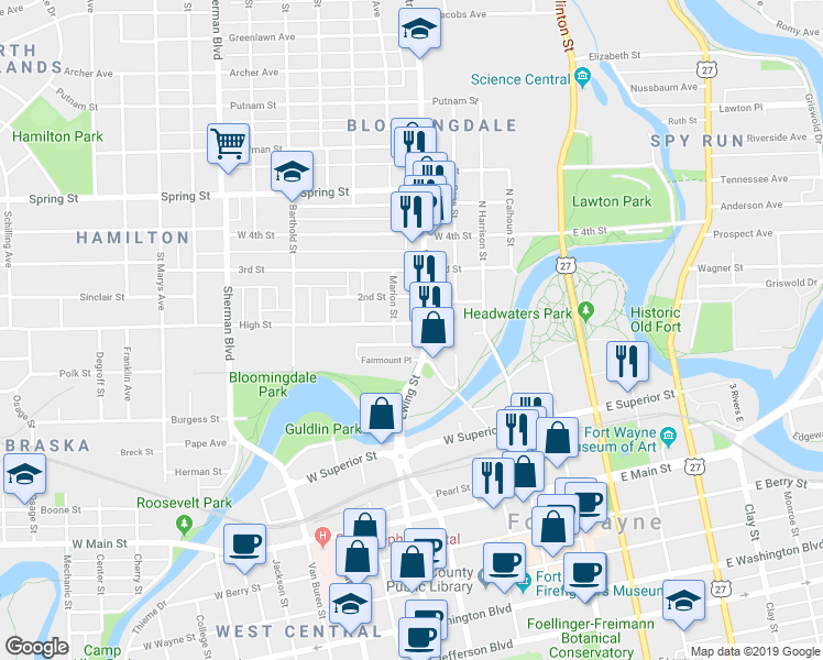 map of restaurants, bars, coffee shops, grocery stores, and more near 409 High Street in Fort Wayne