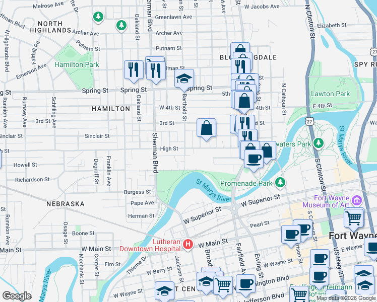 map of restaurants, bars, coffee shops, grocery stores, and more near 669 High Street in Fort Wayne