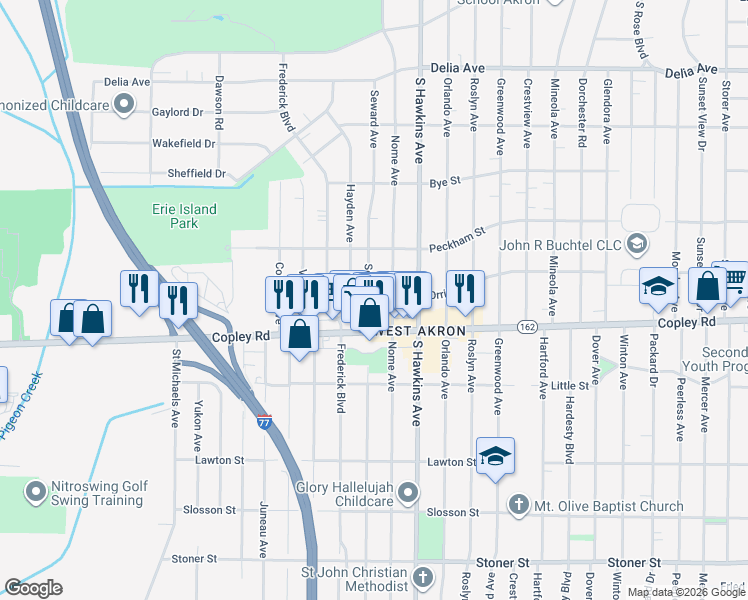 map of restaurants, bars, coffee shops, grocery stores, and more near 1370 Orrin Street in Akron