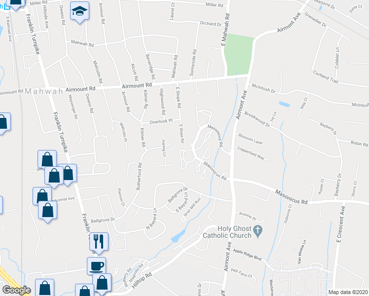 map of restaurants, bars, coffee shops, grocery stores, and more near 1242 Garrison Court in Mahwah