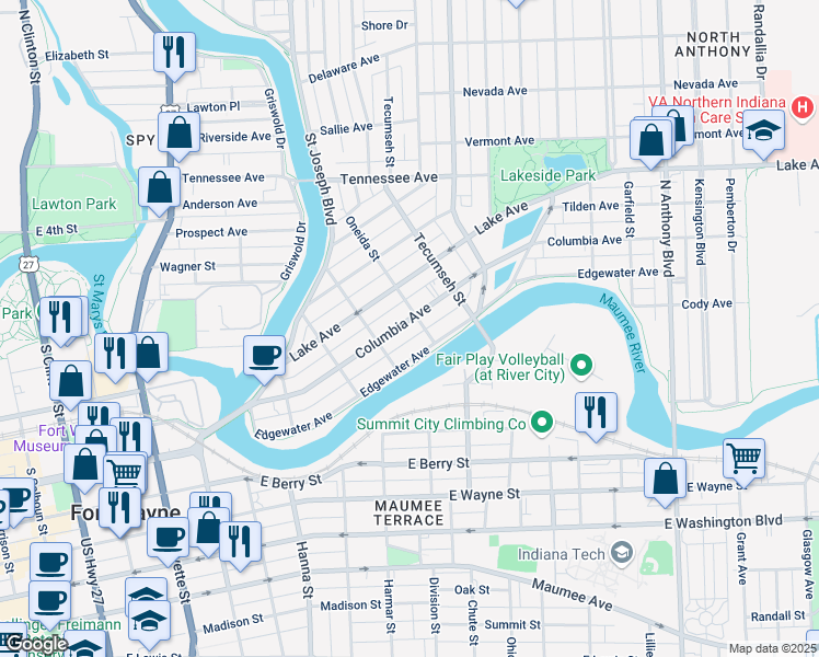 map of restaurants, bars, coffee shops, grocery stores, and more near 1030 Columbia Avenue in Fort Wayne