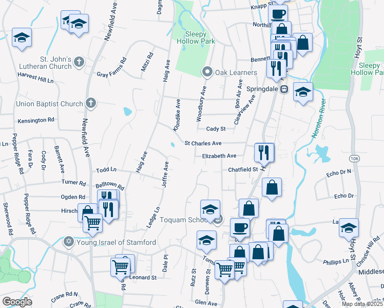 map of restaurants, bars, coffee shops, grocery stores, and more near 17A Marian Street in Stamford