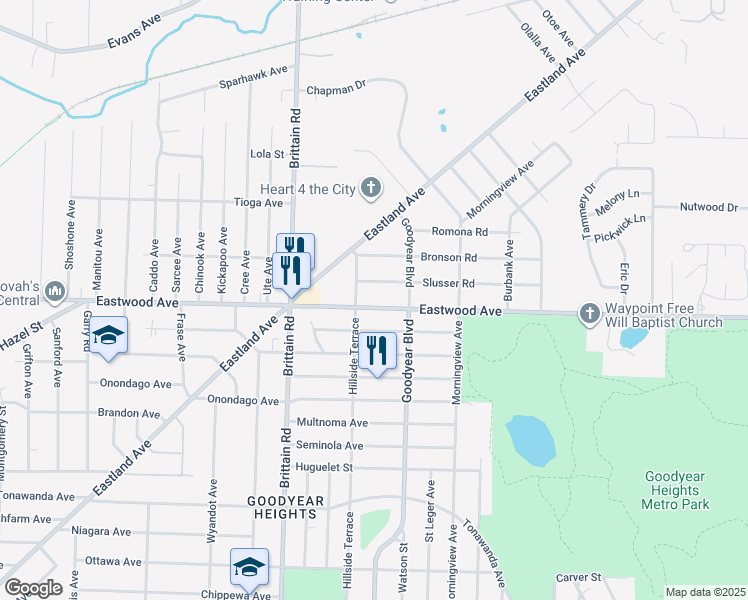 map of restaurants, bars, coffee shops, grocery stores, and more near 1537 Eastwood Ave in Akron
