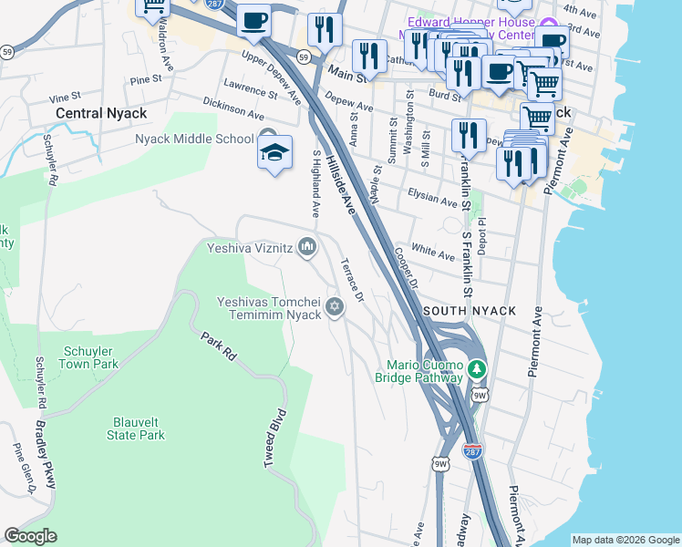 map of restaurants, bars, coffee shops, grocery stores, and more near 8-12 South Boulevard in Nyack