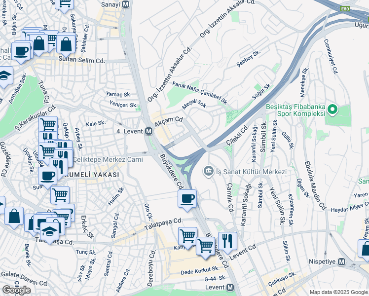map of restaurants, bars, coffee shops, grocery stores, and more near 2 Sabancı Ak Center Girişi in Beşiktaş